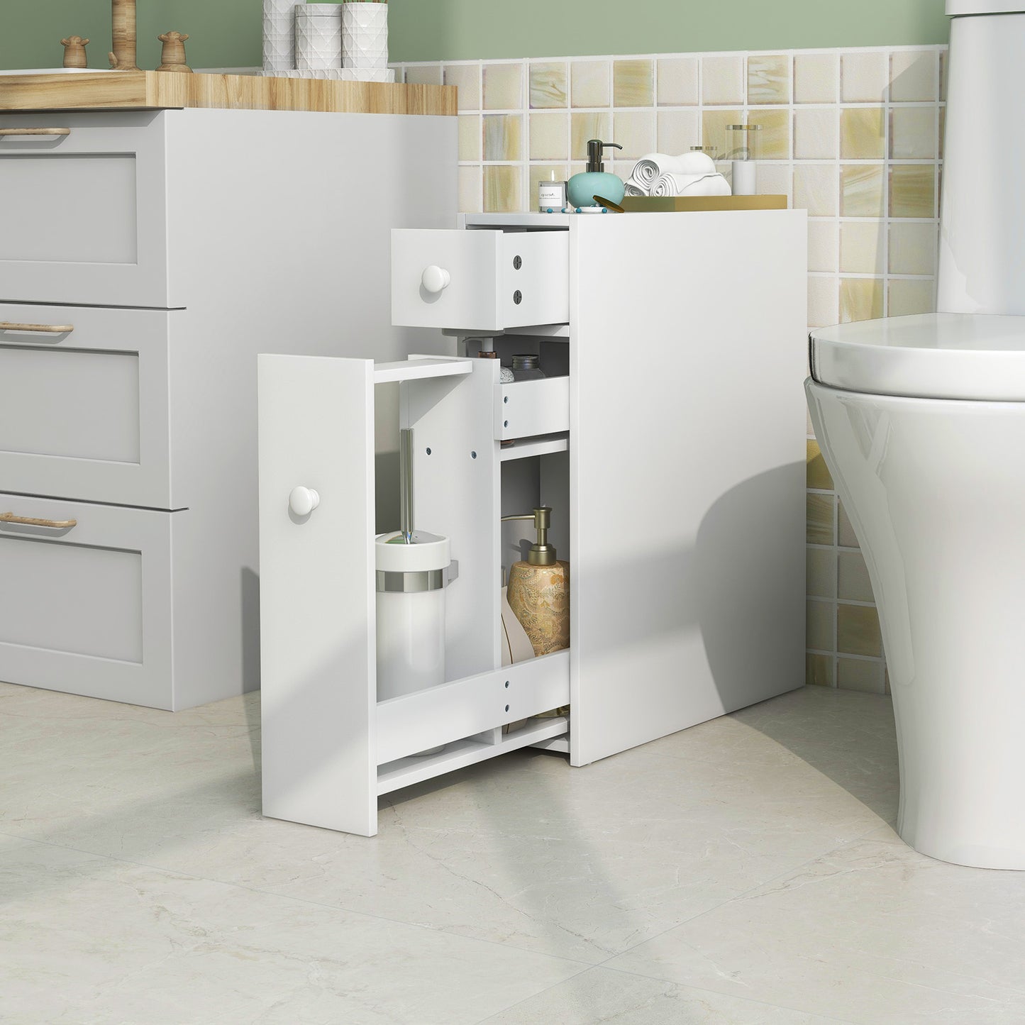 Slim White Bathroom Storage Cabinet with Slide Out Drawers