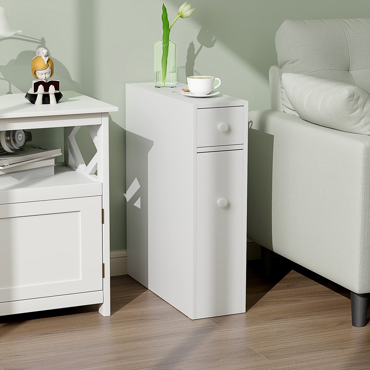 Slim White Bathroom Storage Cabinet with Slide Out Drawers