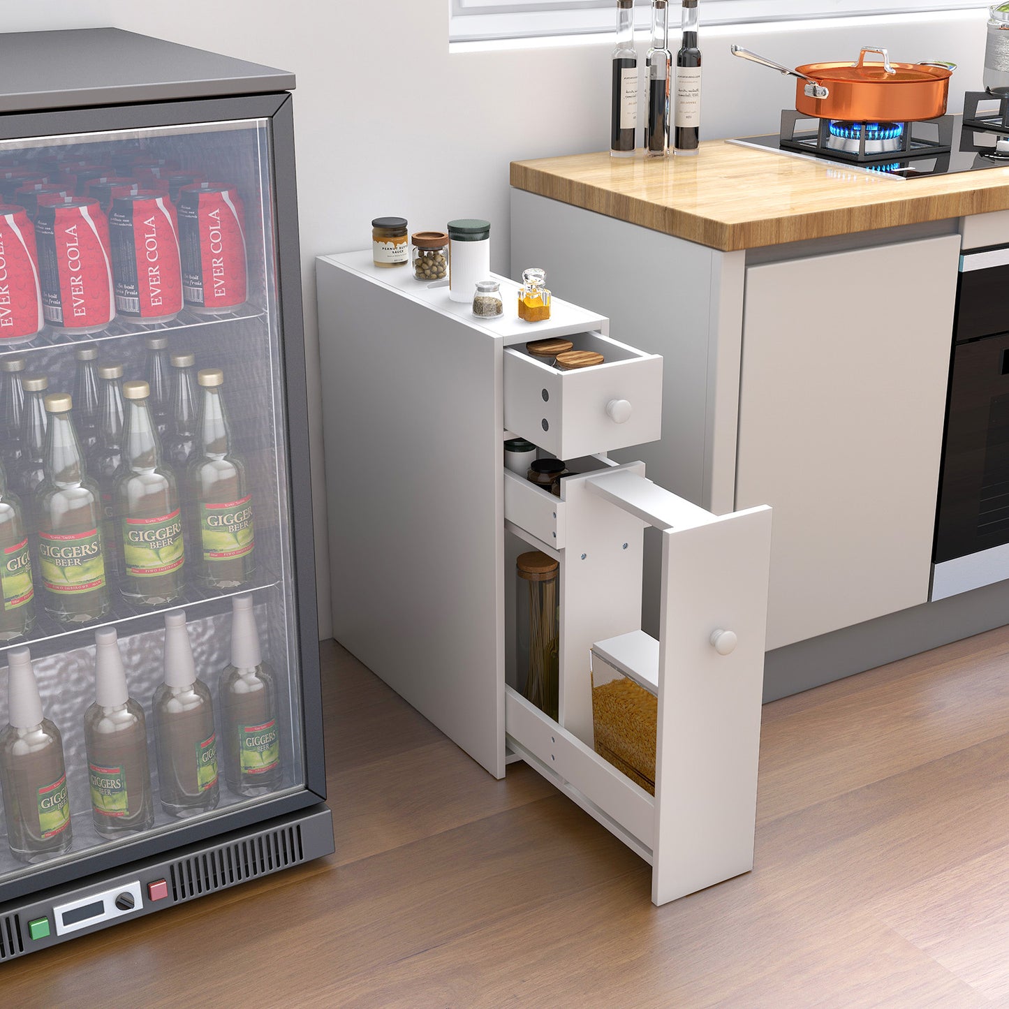 Slim White Bathroom Storage Cabinet with Slide Out Drawers