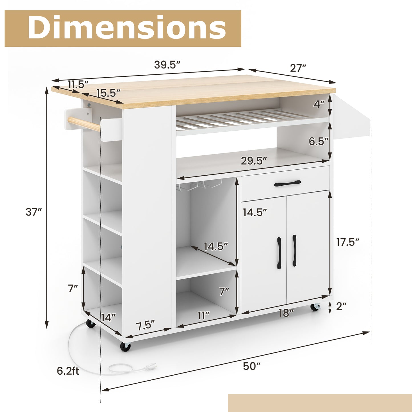 Kitchen Island Cart with Built-In Power Outlets and Storage for Dining Room
