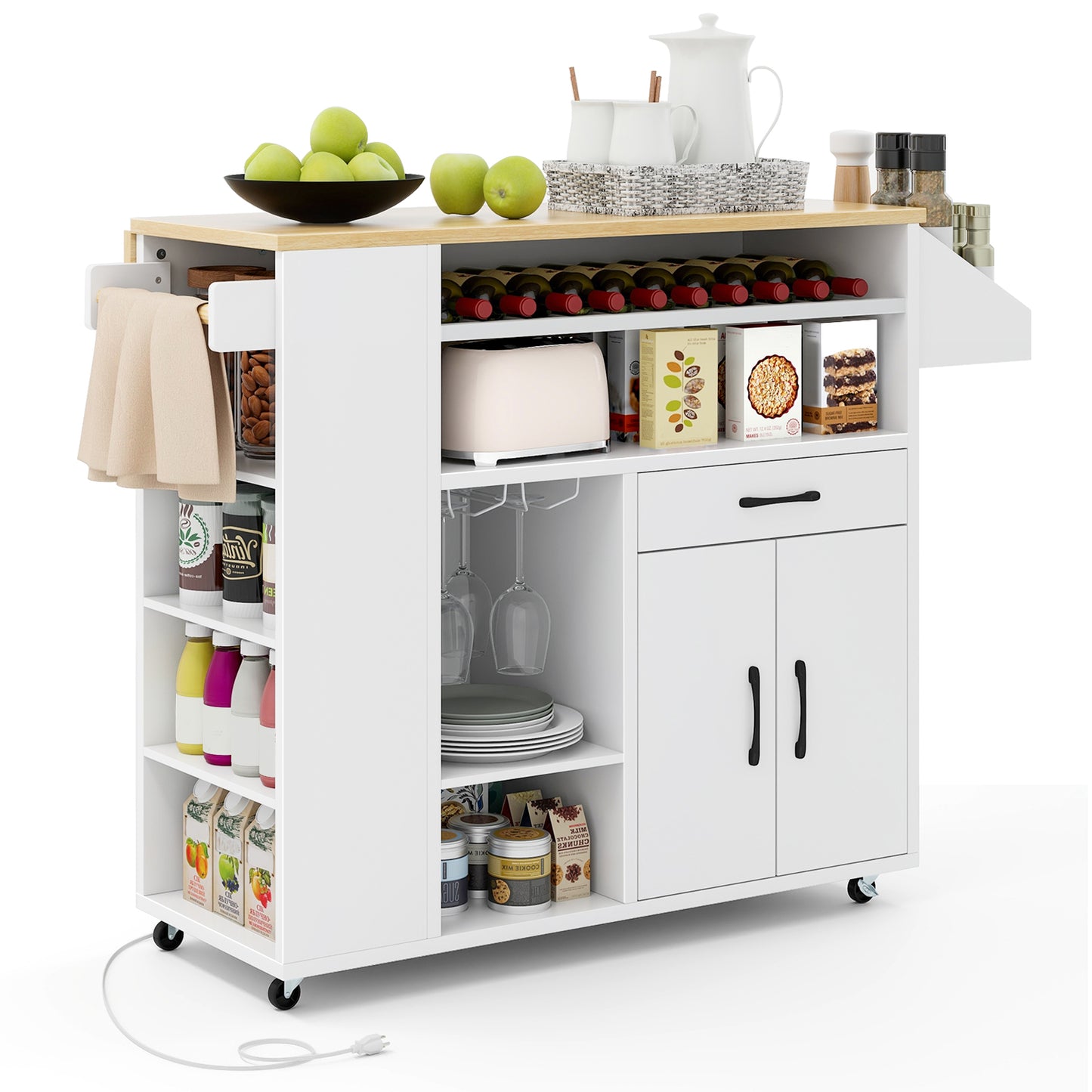Kitchen Island Cart with Built-In Power Outlets and Storage for Dining Room