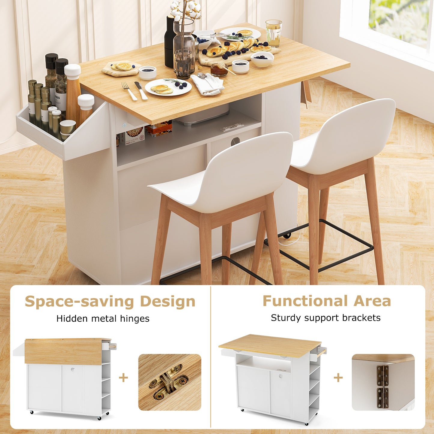 Kitchen Island Cart with Built-In Power Outlets and Storage for Dining Room