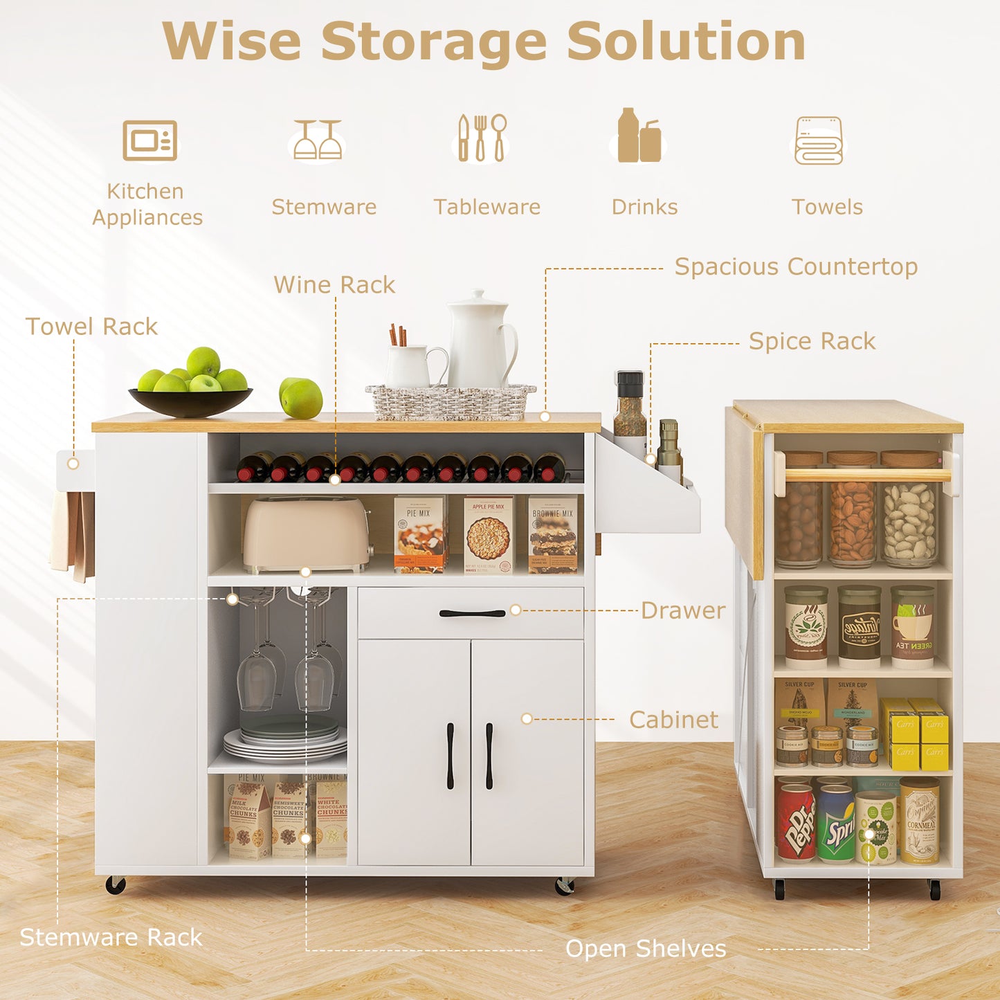 Kitchen Island Cart with Built-In Power Outlets and Storage for Dining Room