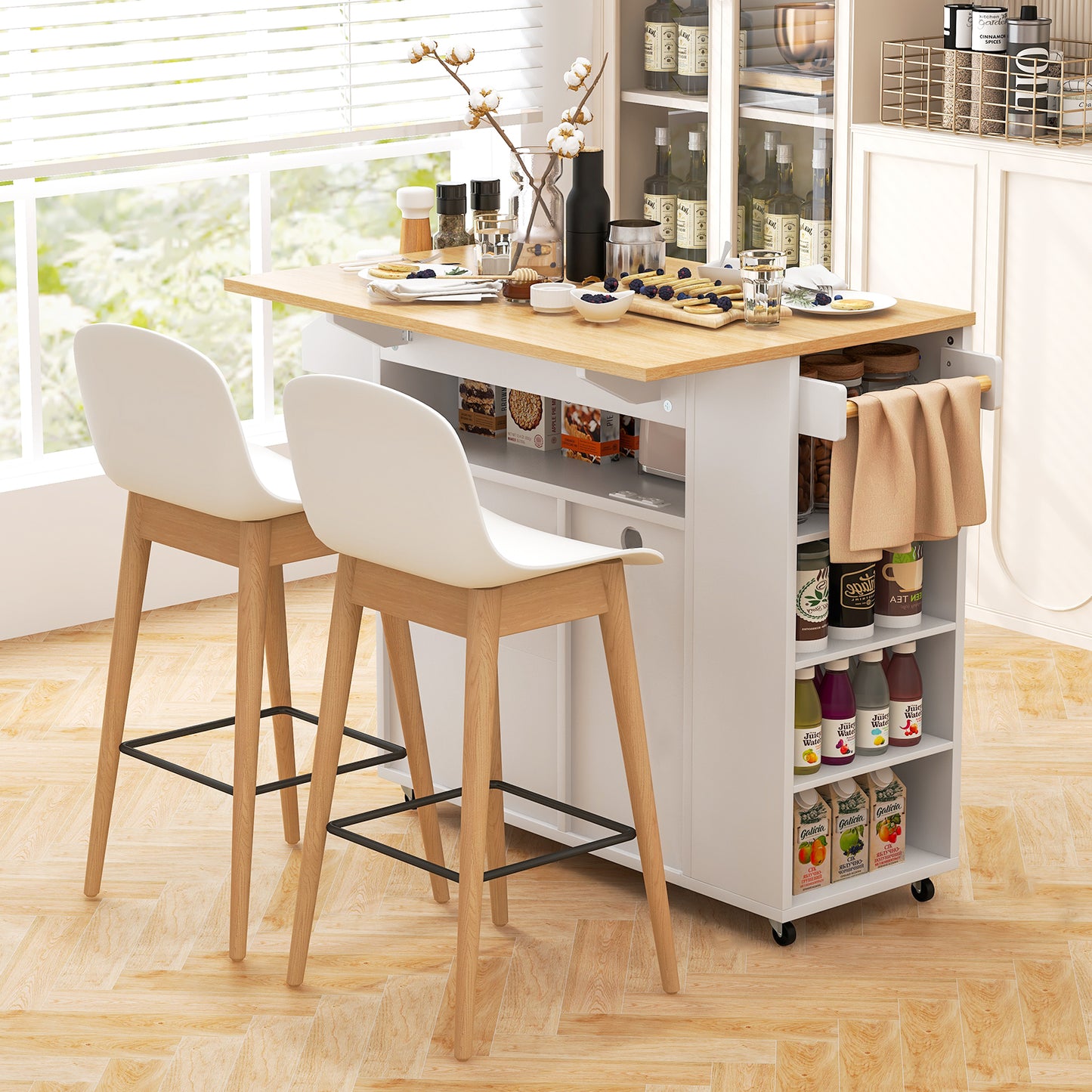 Kitchen Island Cart with Built-In Power Outlets and Storage for Dining Room