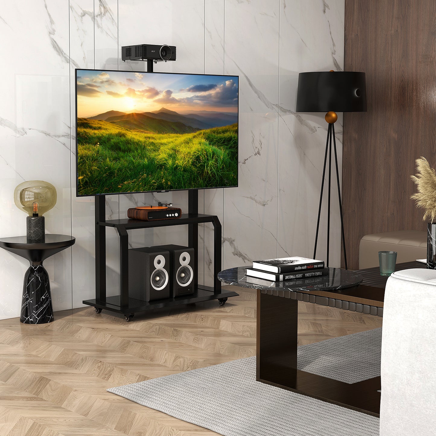 Rolling TV Stand with Adjustable Camera Shelf and Dual AV Storage for 32 to 80 Inch TVs