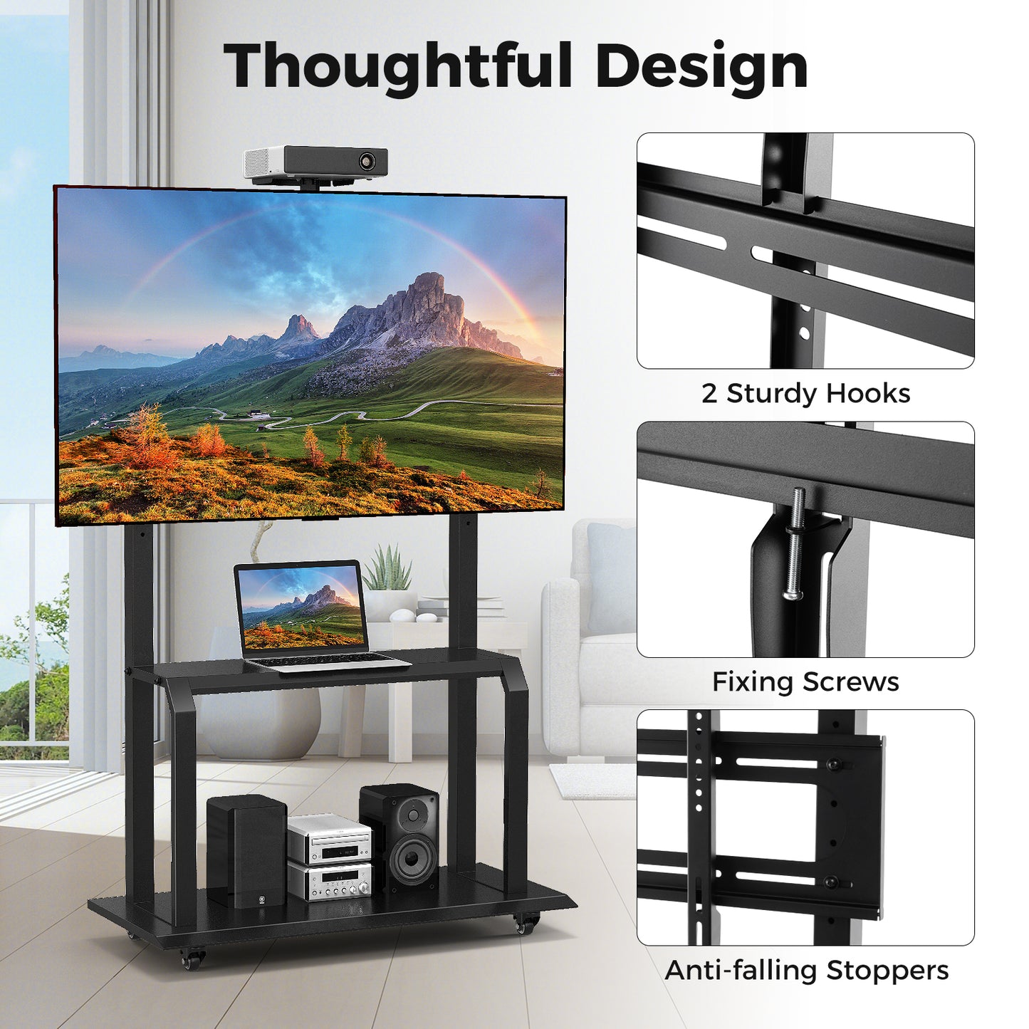 Rolling TV Stand with Adjustable Camera Shelf and Dual AV Storage for 32 to 80 Inch TVs