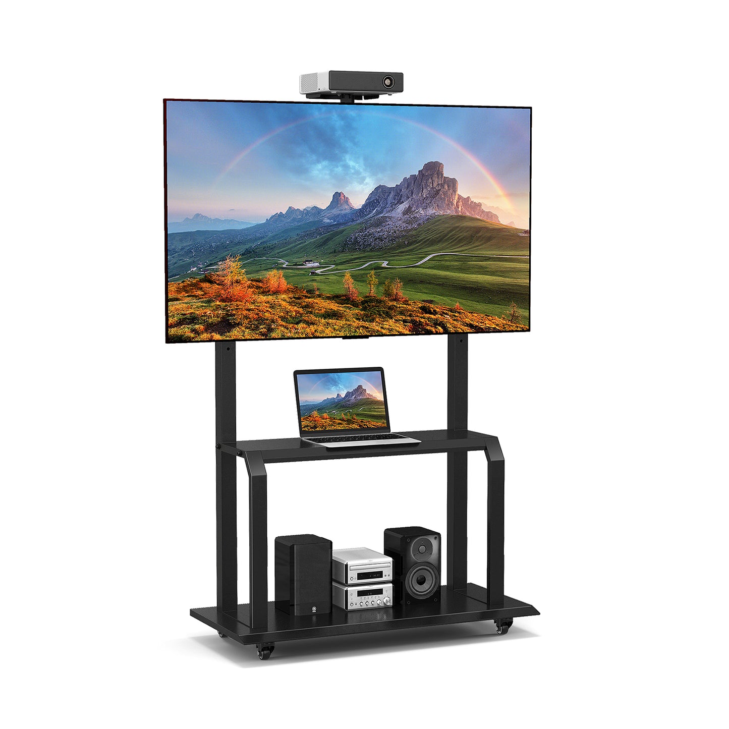 Rolling TV Stand with Adjustable Camera Shelf and Dual AV Storage for 32 to 80 Inch TVs