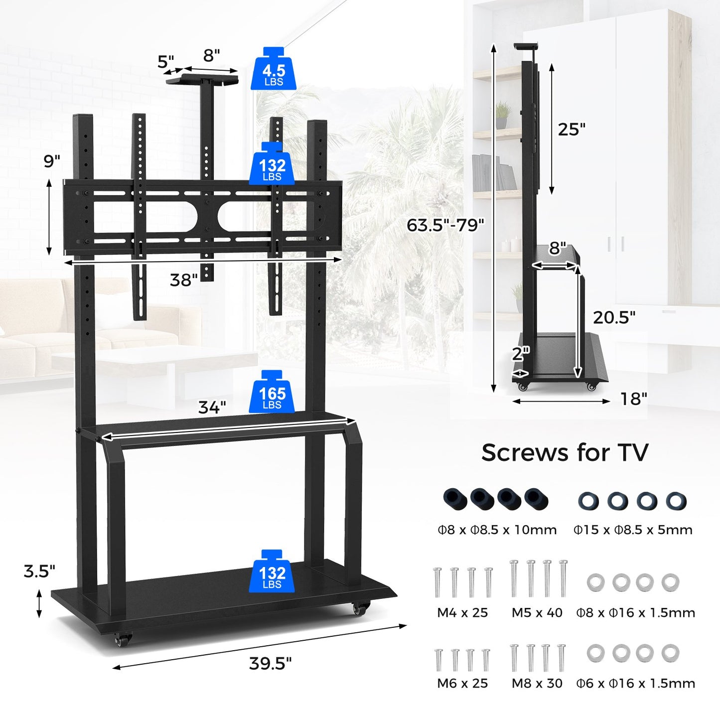 Rolling TV Stand with Adjustable Camera Shelf and Dual AV Storage for 32 to 80 Inch TVs