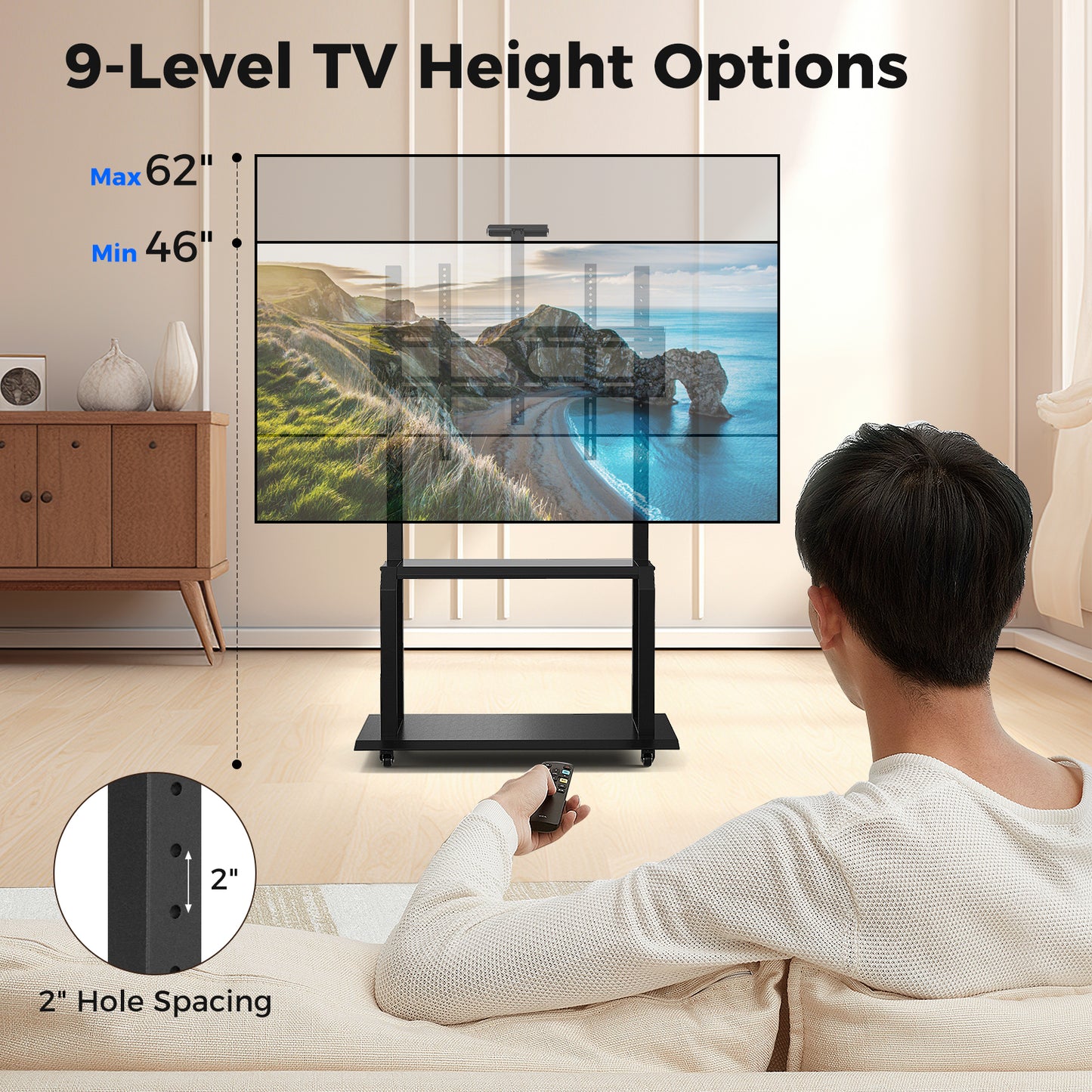 Rolling TV Stand with Adjustable Camera Shelf and Dual AV Storage for 32 to 80 Inch TVs