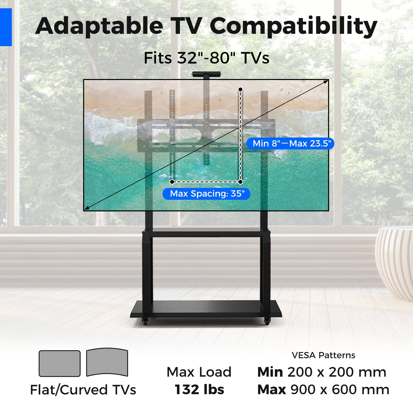 Rolling TV Stand with Adjustable Camera Shelf and Dual AV Storage for 32 to 80 Inch TVs