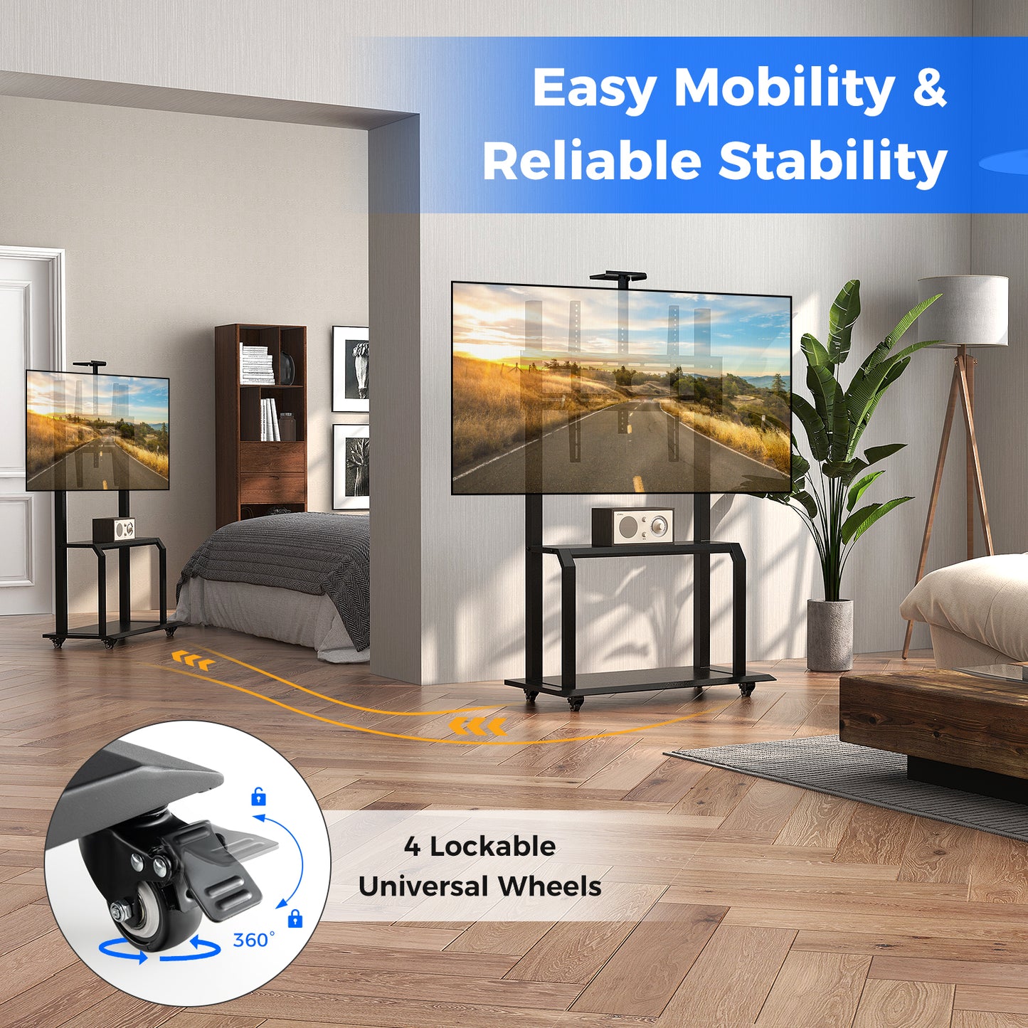 Rolling TV Stand with Adjustable Camera Shelf and Dual AV Storage for 32 to 80 Inch TVs