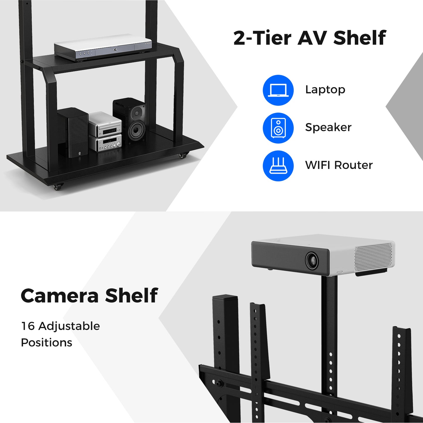 Rolling TV Stand with Adjustable Camera Shelf and Dual AV Storage for 32 to 80 Inch TVs