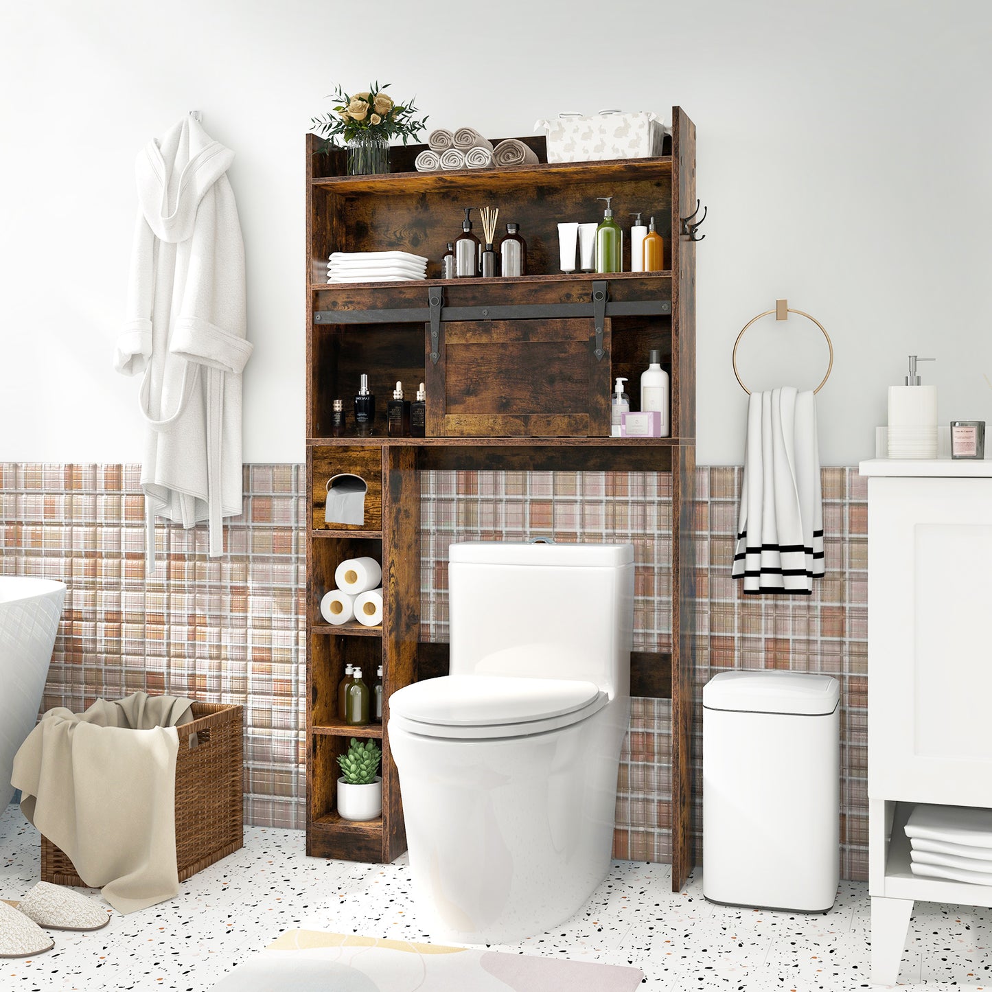 Over-The-Toilet Storage Cabinet with Sliding Door, Adjustable Shelves & Hooks