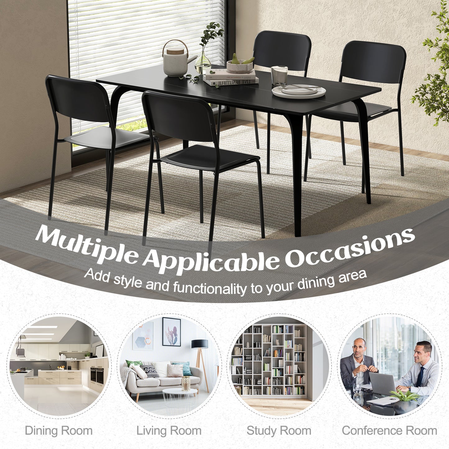 Set of 4 Modern Dining Chairs with Tilted Backrest and Metal Legs - Black