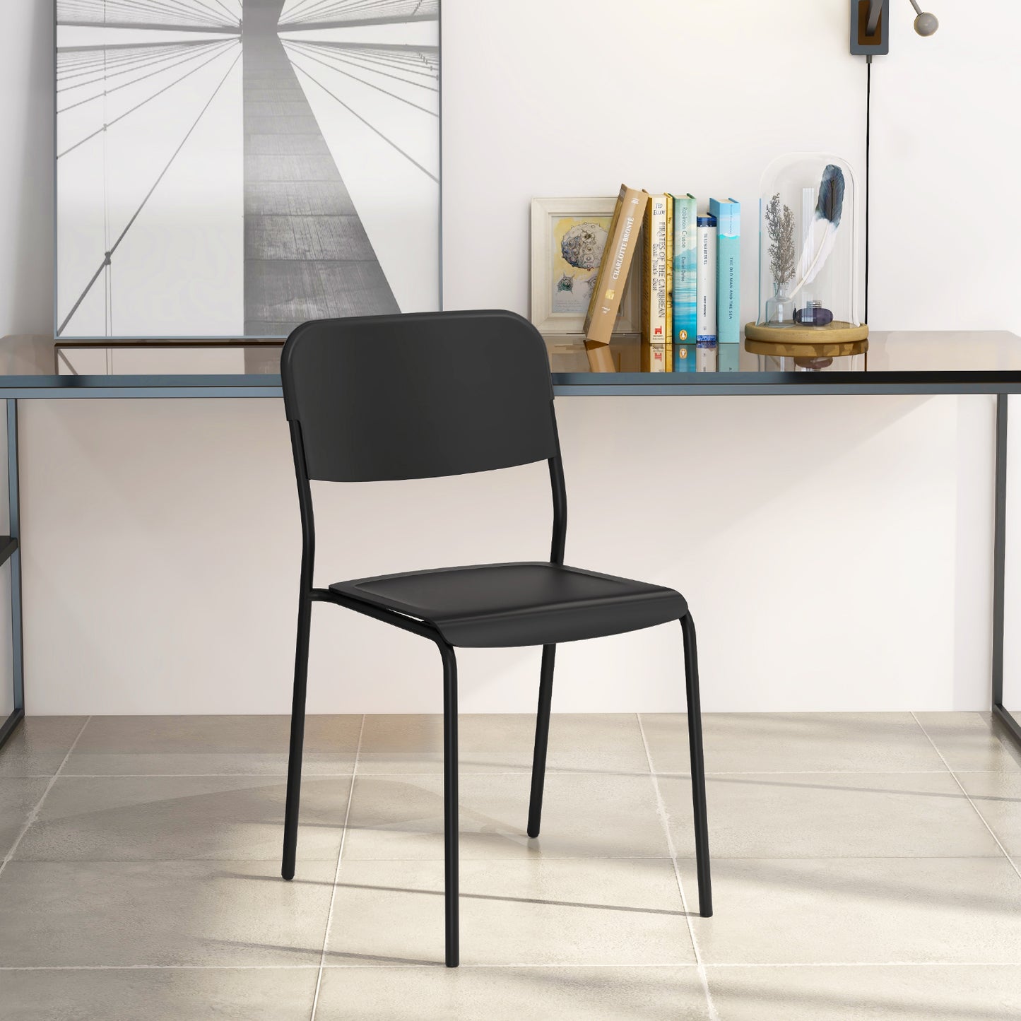 Set of 4 Modern Dining Chairs with Tilted Backrest and Metal Legs - Black
