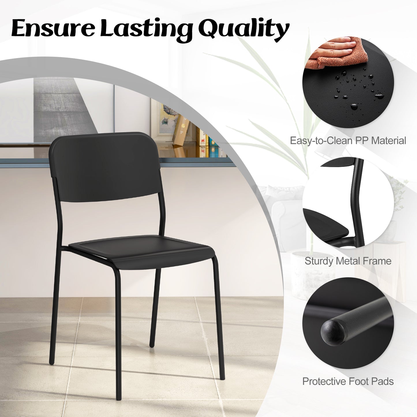 Set of 4 Modern Dining Chairs with Tilted Backrest and Metal Legs - Black