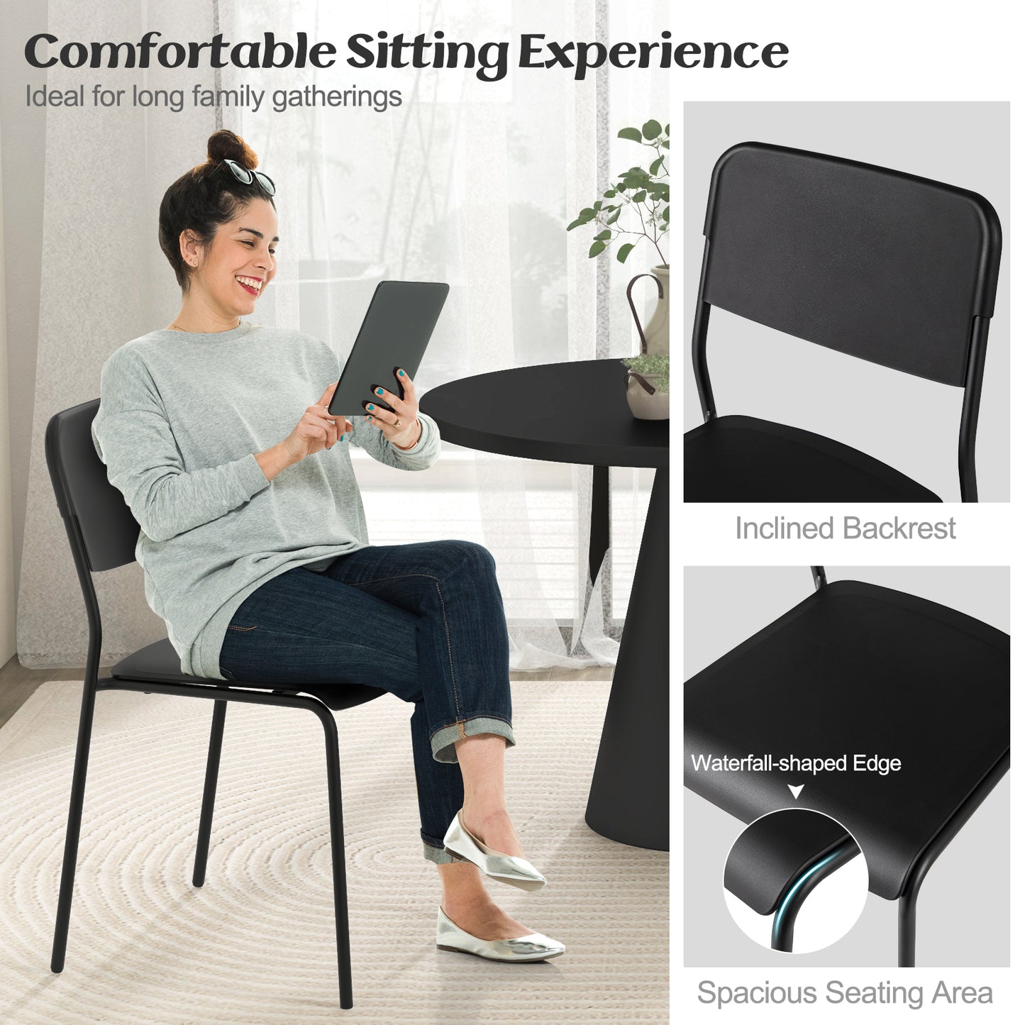 Set of 4 Modern Dining Chairs with Tilted Backrest and Metal Legs - Black