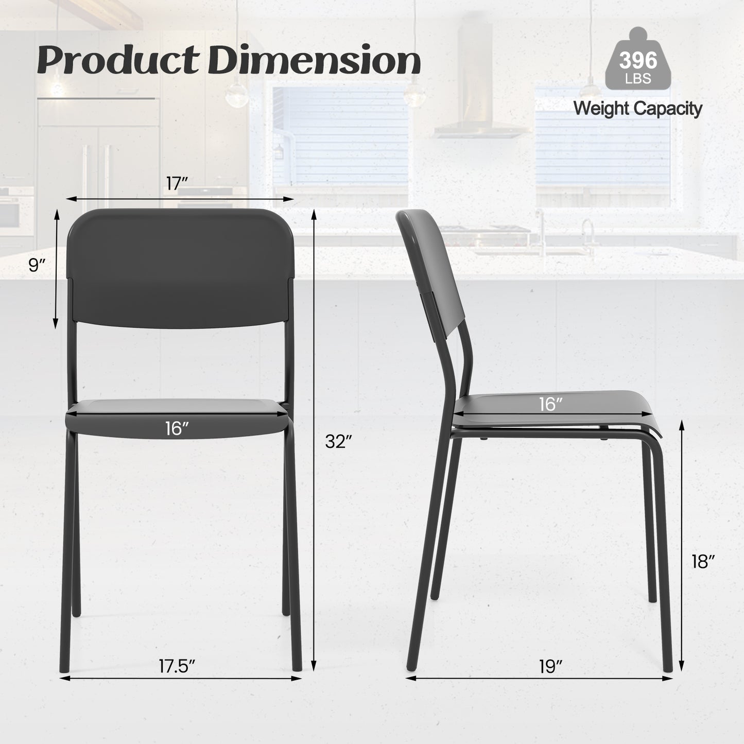 Set of 4 Modern Dining Chairs with Tilted Backrest and Metal Legs - Black