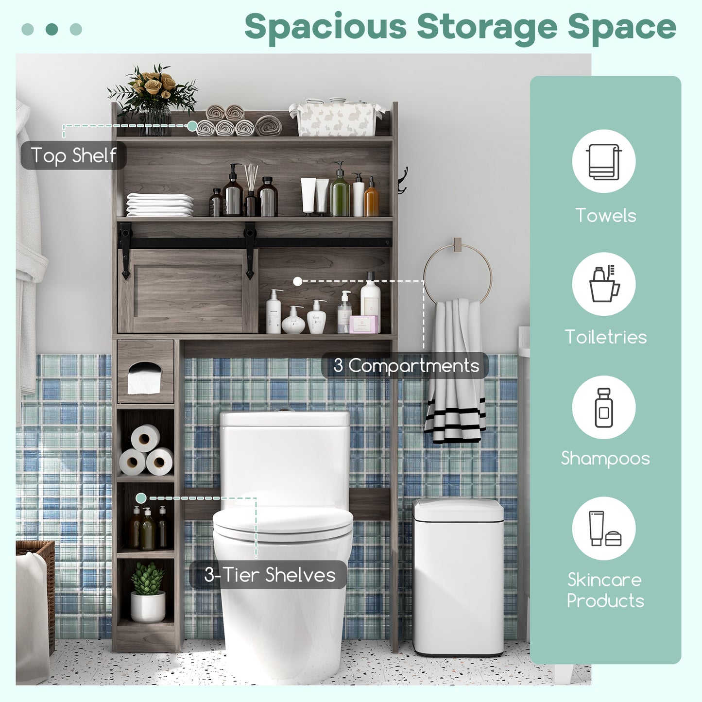 Over-The-Toilet Storage Cabinet with Sliding Door, Adjustable Shelves & Hooks