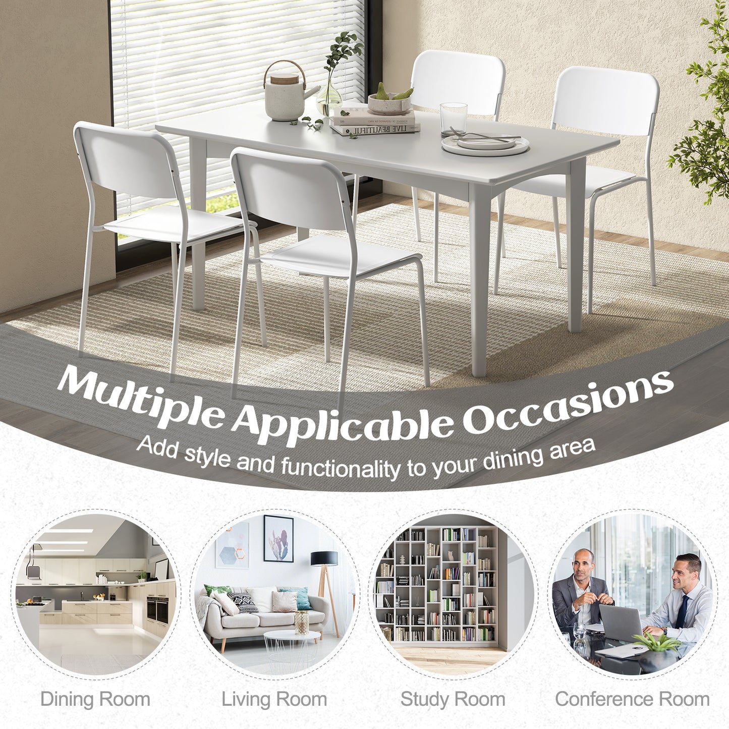 Set of 4 Modern Dining Chairs with Tilted Backrest and Metal Legs - White