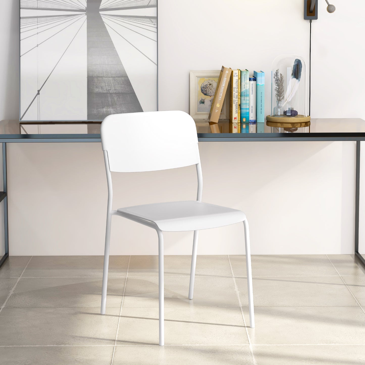 Set of 4 Modern Dining Chairs with Tilted Backrest and Metal Legs - White