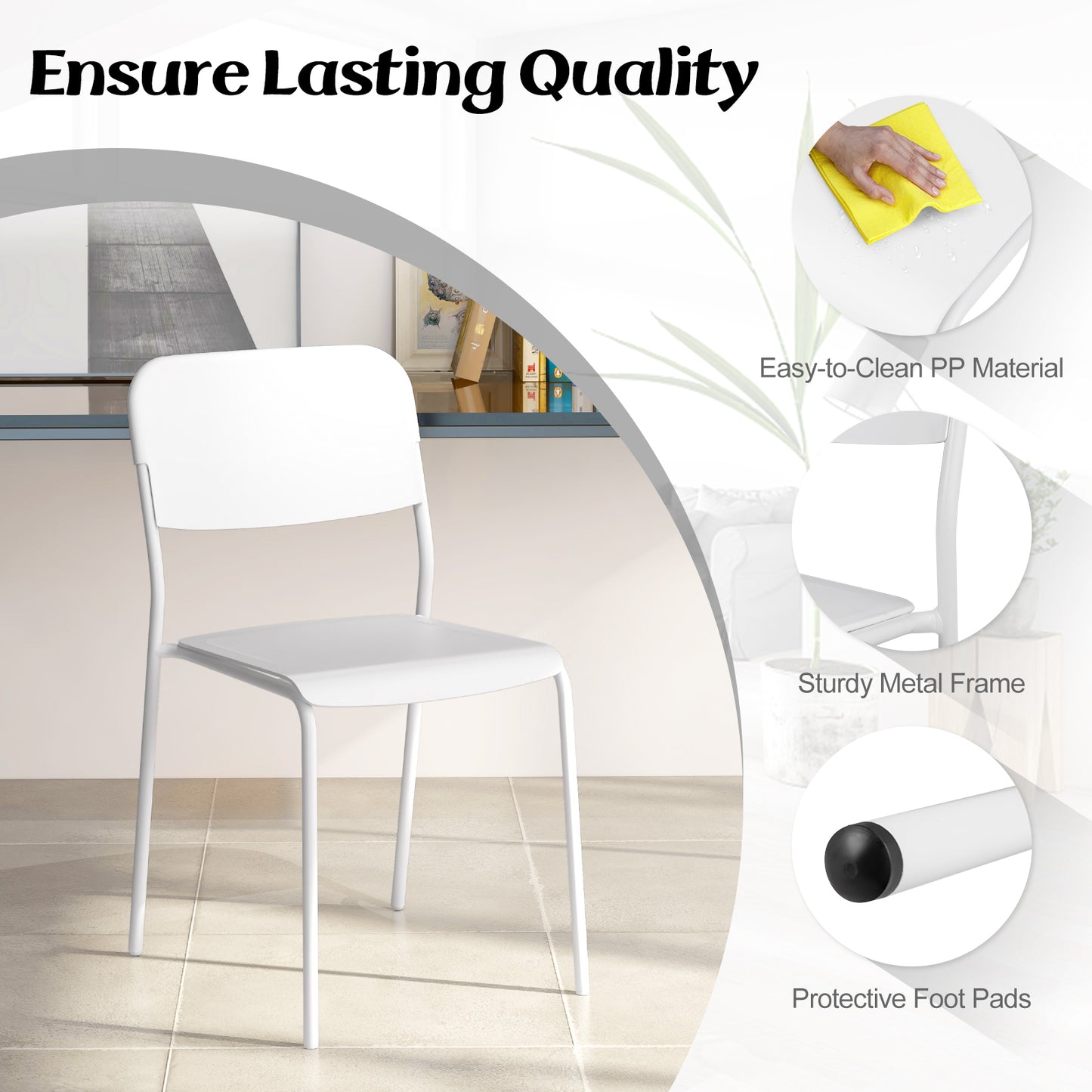 Set of 4 Modern Dining Chairs with Tilted Backrest and Metal Legs - White