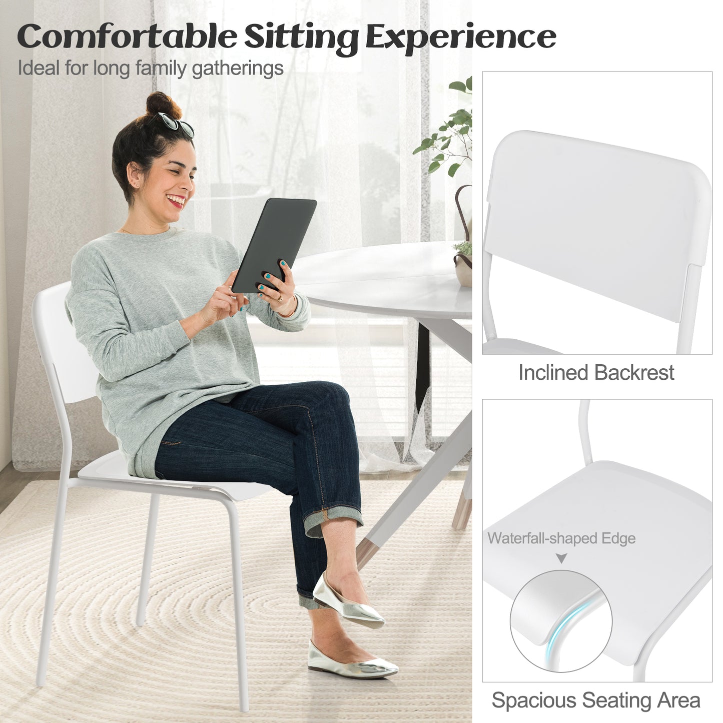Set of 4 Modern Dining Chairs with Tilted Backrest and Metal Legs - White
