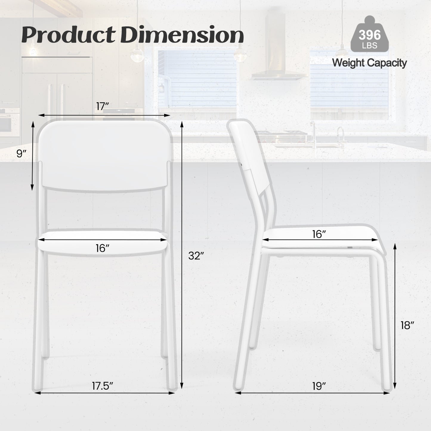 Set of 4 Modern Dining Chairs with Tilted Backrest and Metal Legs - White