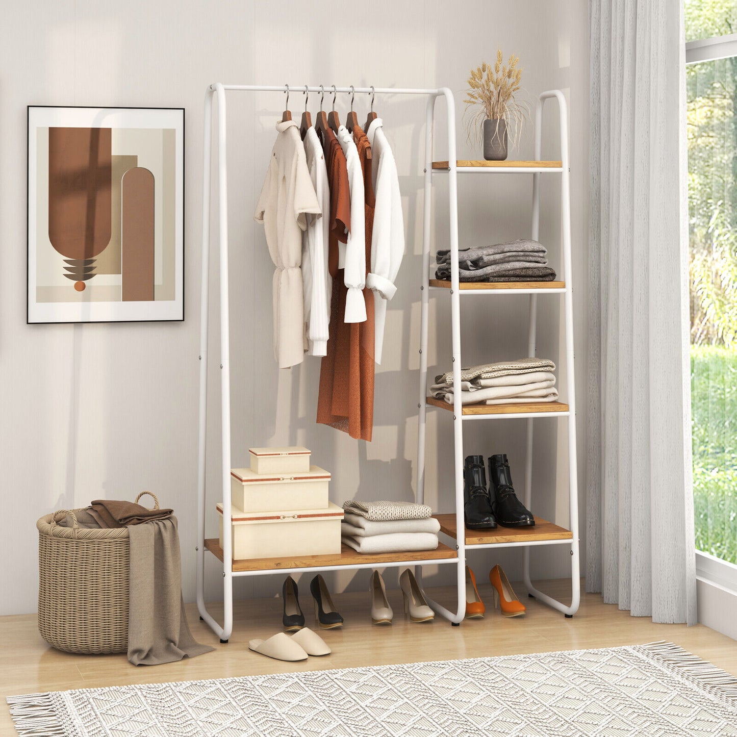 Freestanding Clothes Rack with Metal Frame and 5-Tier Storage Tower in White – Multifunctional Organizer for Bedroom, Closet, Entryway