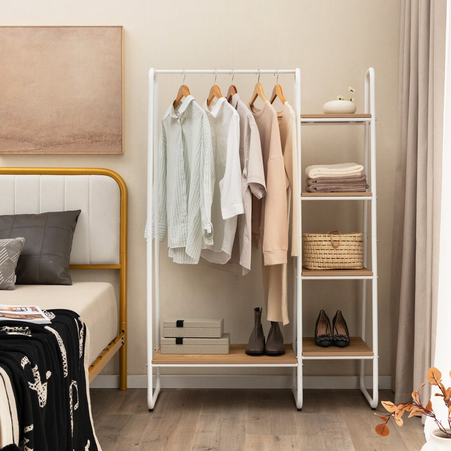 Freestanding Clothes Rack with Metal Frame and 5-Tier Storage Tower in White – Multifunctional Organizer for Bedroom, Closet, Entryway