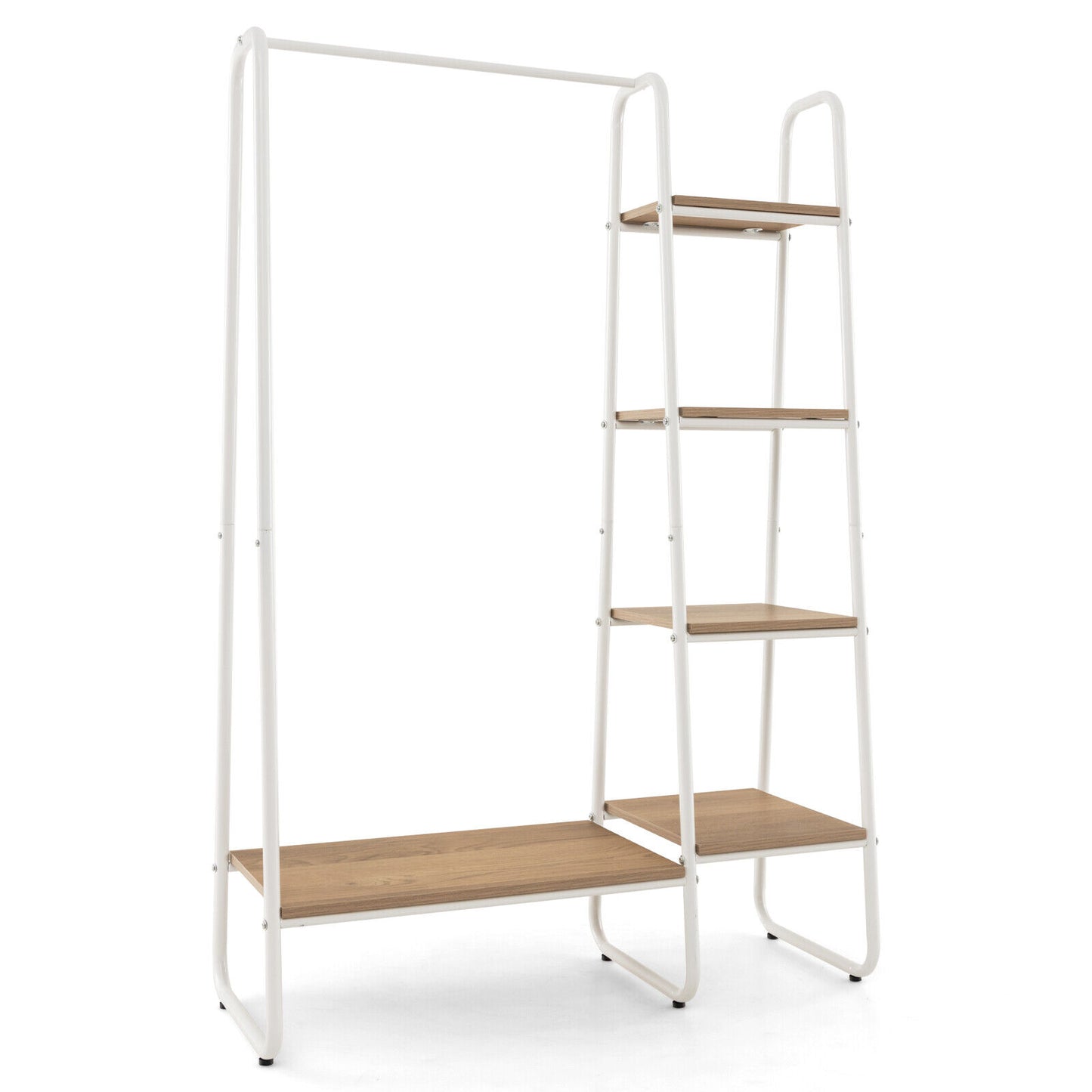 Freestanding Clothes Rack with Metal Frame and 5-Tier Storage Tower in White – Multifunctional Organizer for Bedroom, Closet, Entryway