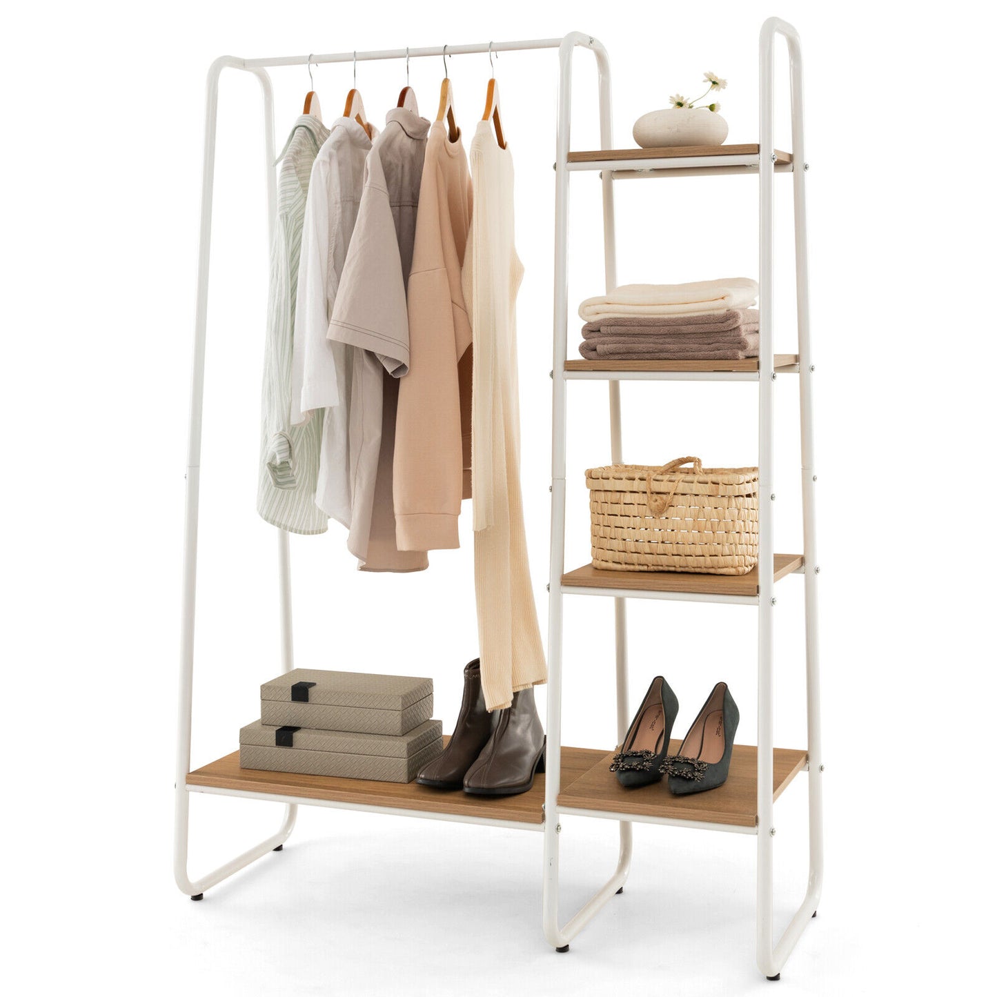 Freestanding Clothes Rack with Metal Frame and 5-Tier Storage Tower in White – Multifunctional Organizer for Bedroom, Closet, Entryway