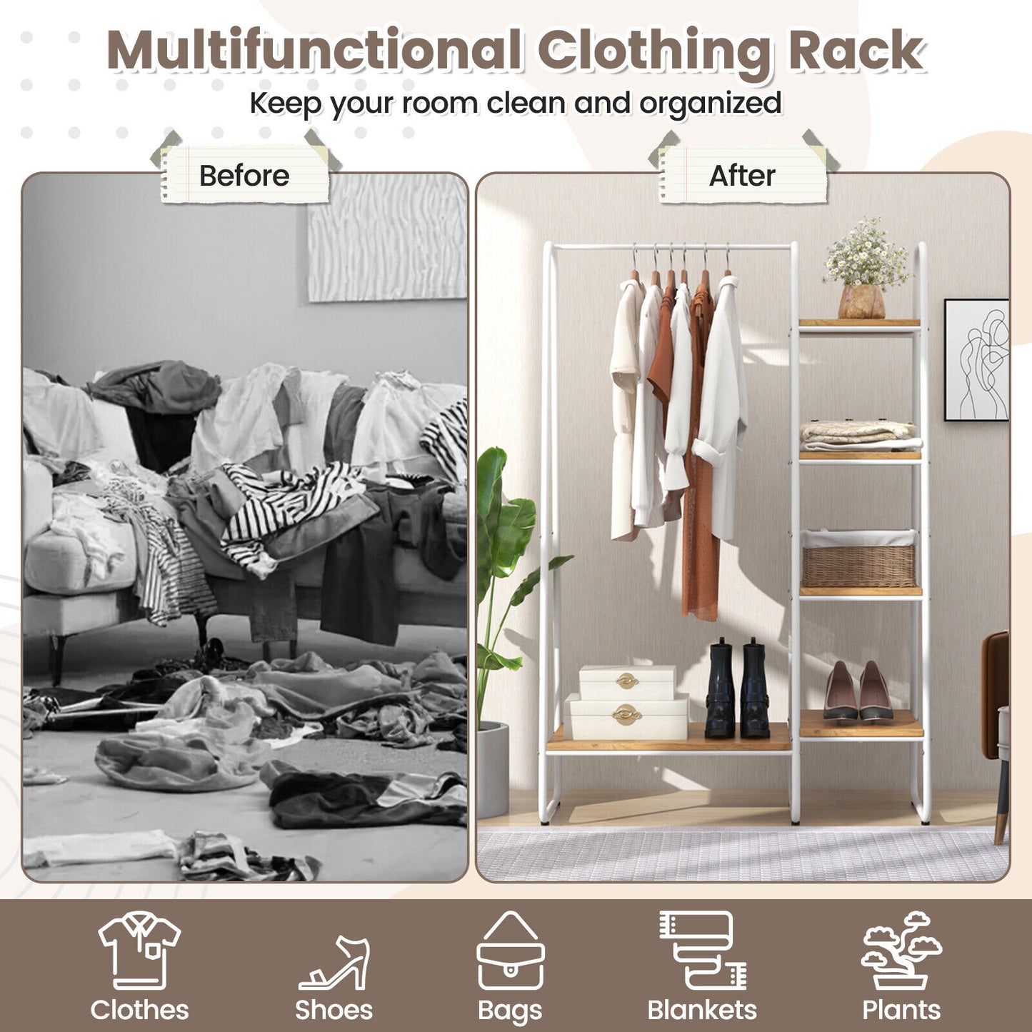 Freestanding Clothes Rack with Metal Frame and 5-Tier Storage Tower in White – Multifunctional Organizer for Bedroom, Closet, Entryway