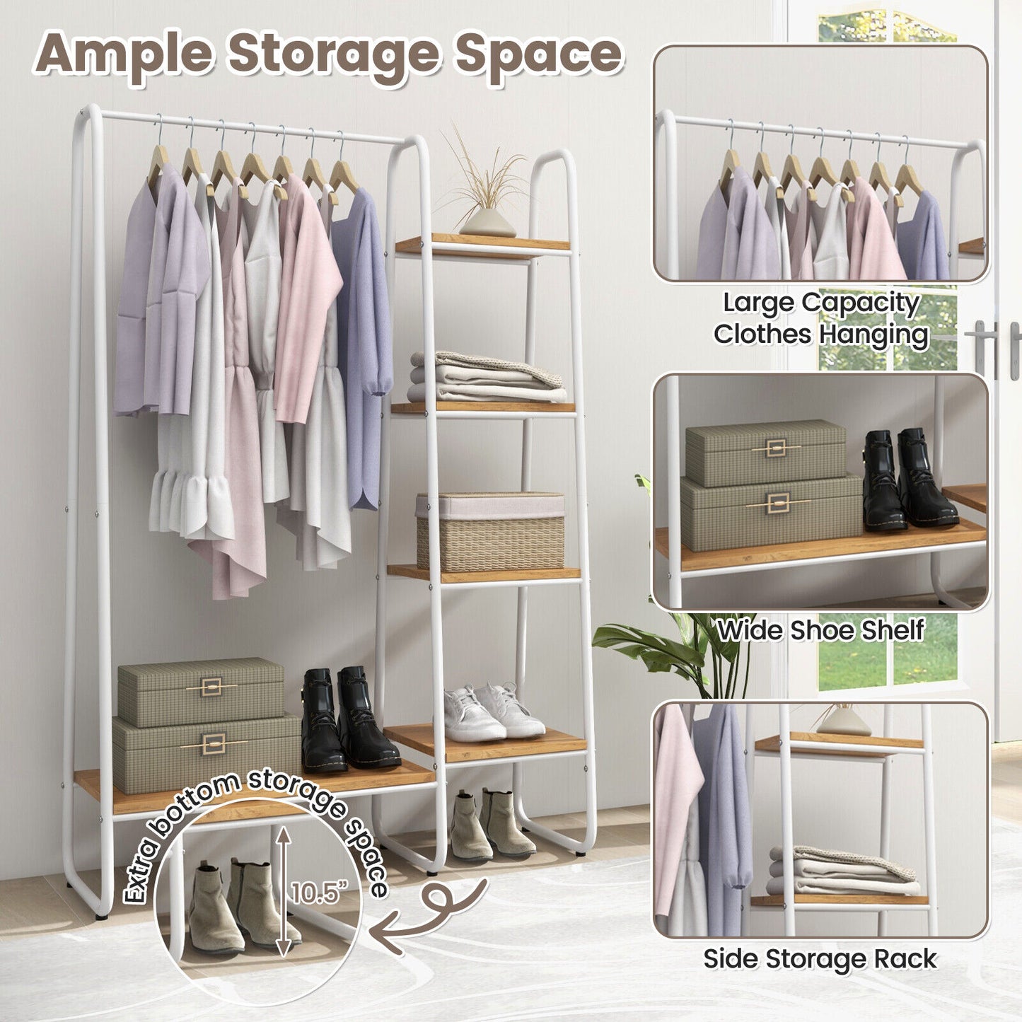 Freestanding Clothes Rack with Metal Frame and 5-Tier Storage Tower in White – Multifunctional Organizer for Bedroom, Closet, Entryway