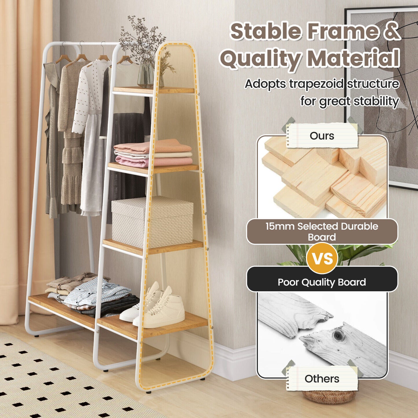 Freestanding Clothes Rack with Metal Frame and 5-Tier Storage Tower in White – Multifunctional Organizer for Bedroom, Closet, Entryway
