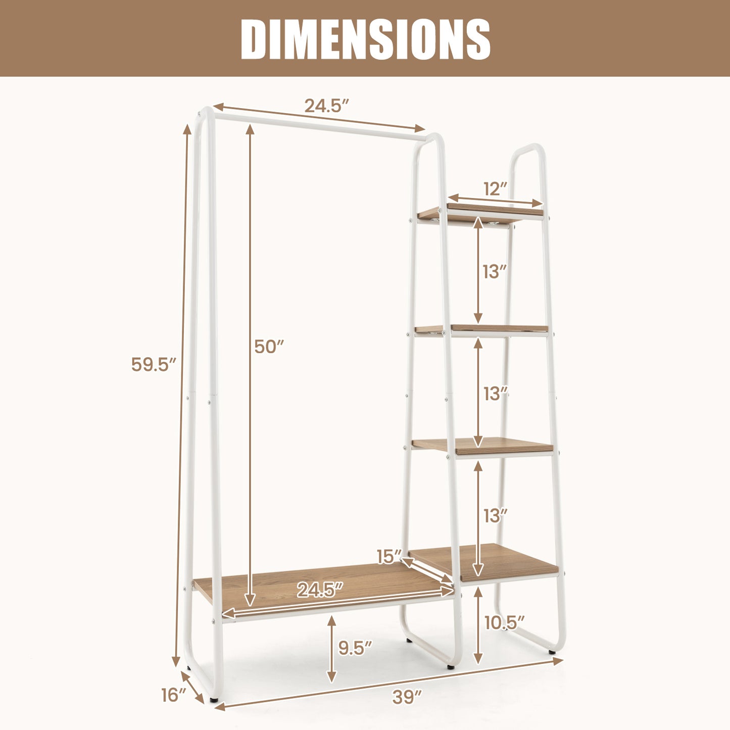 Freestanding Clothes Rack with Metal Frame and 5-Tier Storage Tower in White – Multifunctional Organizer for Bedroom, Closet, Entryway