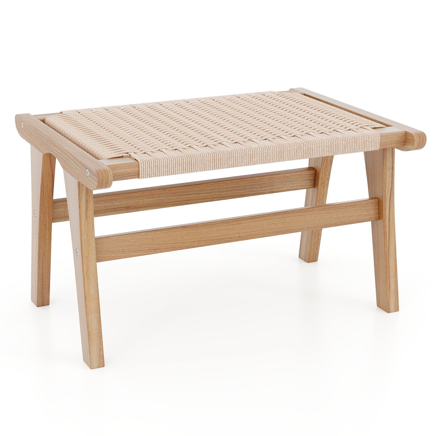 Braided Rope Teak Wood Ottoman Footstool for Living Room Accent Seating