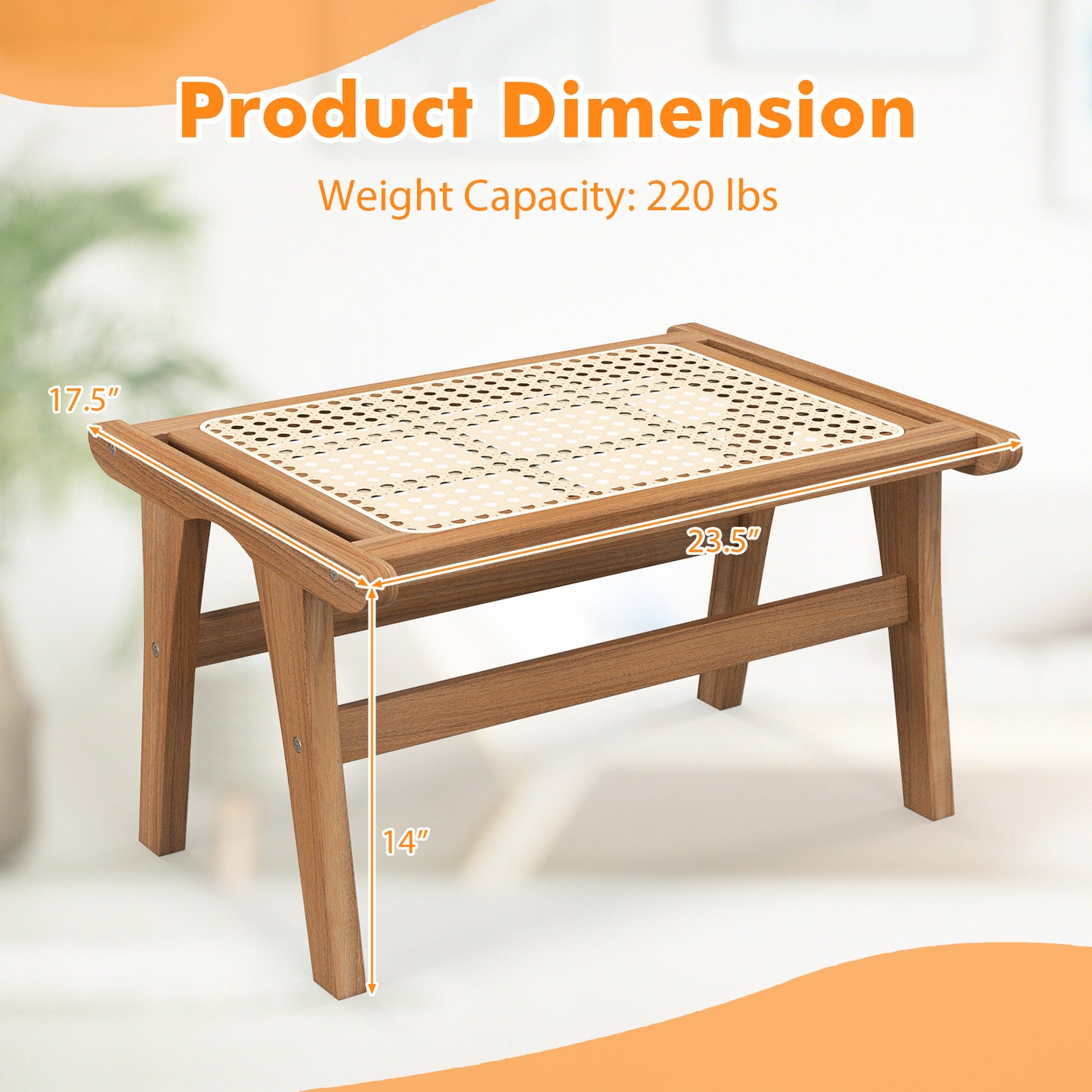 Handwoven Rattan Ottoman Footstool in Natural Teak Wood for Indoor Seating