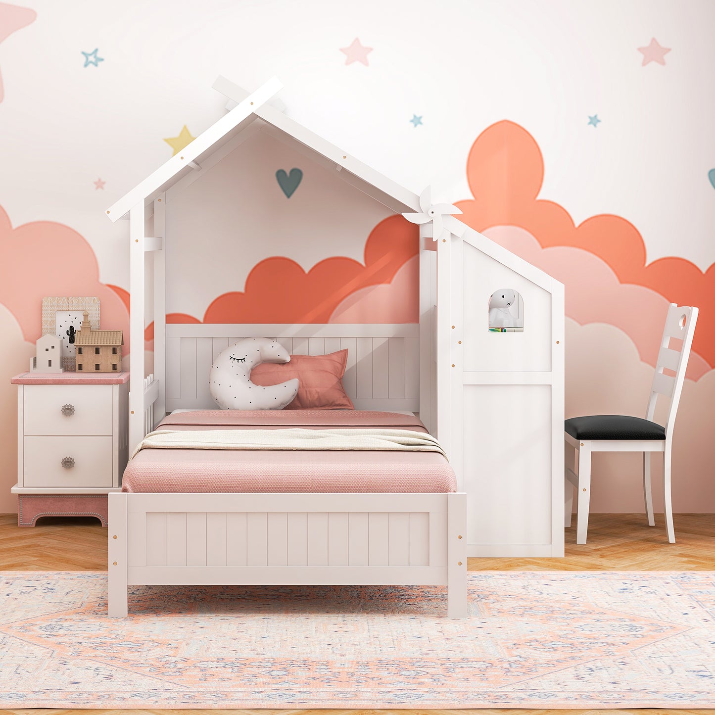 Durable Twin House Bed with 2 Storage Drawers, Windmill Design & Study Chair - White