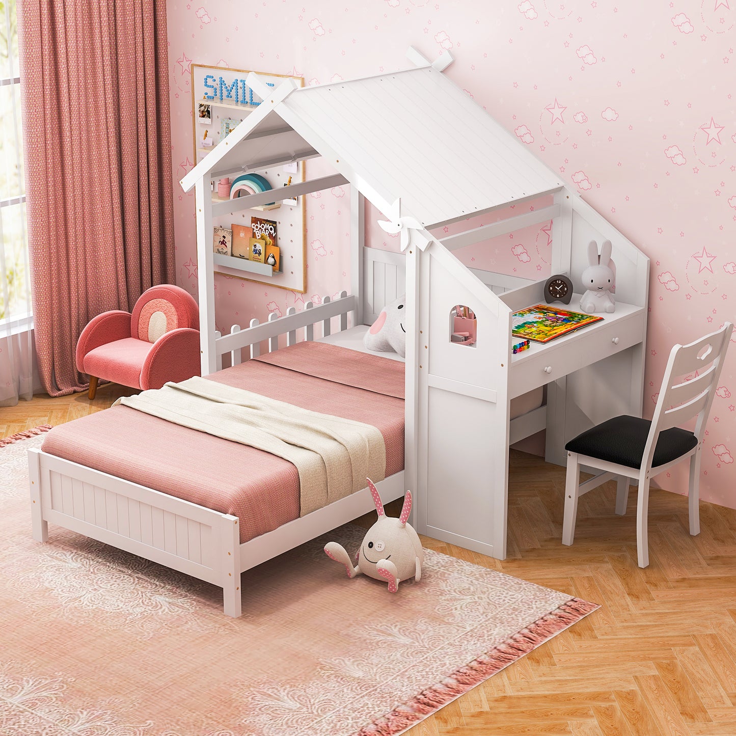 Durable Twin House Bed with 2 Storage Drawers, Windmill Design & Study Chair - White