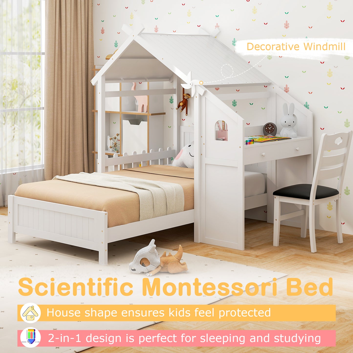 Durable Twin House Bed with 2 Storage Drawers, Windmill Design & Study Chair - White