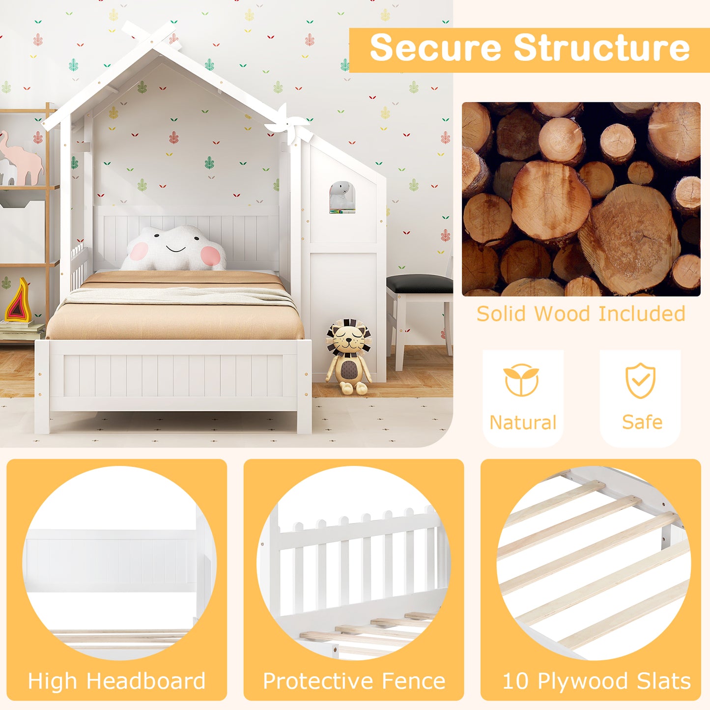 Durable Twin House Bed with 2 Storage Drawers, Windmill Design & Study Chair - White