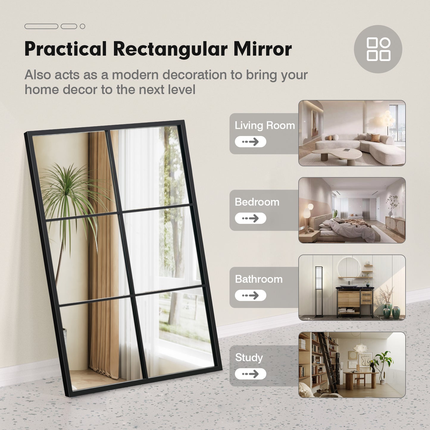 Modern 3 Layered Decorative Wall Mirror with Black Metal Frame for Living Room and Dining Room