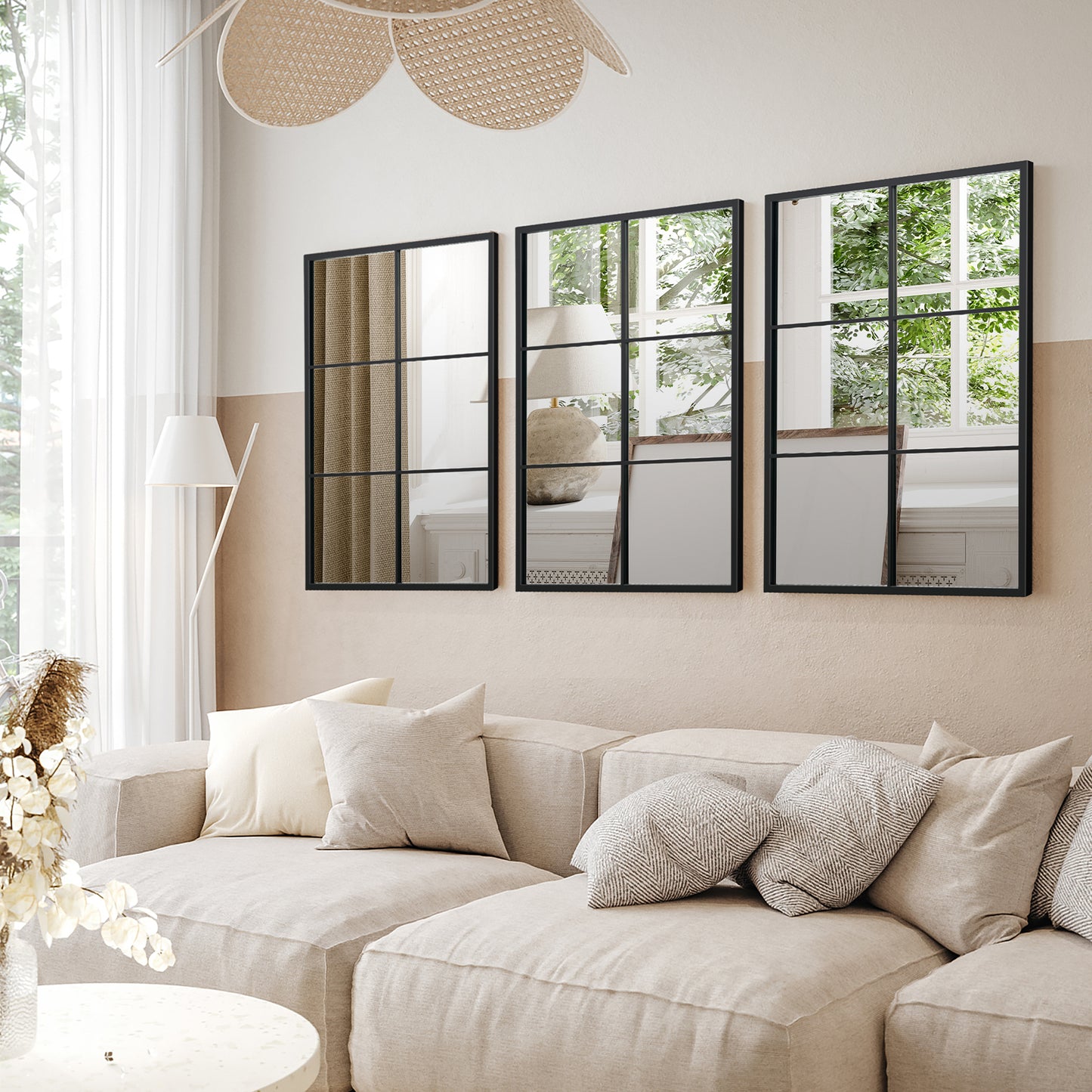 Modern 3 Layered Decorative Wall Mirror with Black Metal Frame for Living Room and Dining Room