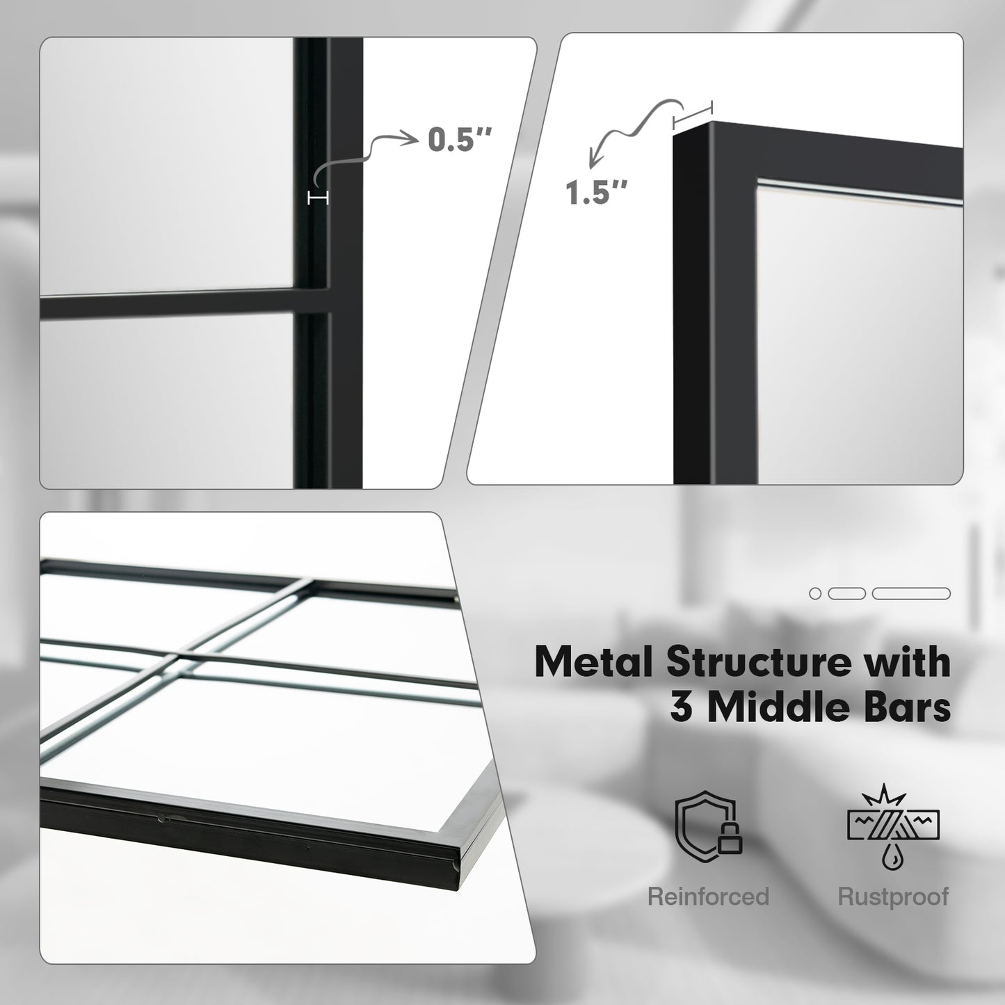 Modern 3 Layered Decorative Wall Mirror with Black Metal Frame for Living Room and Dining Room