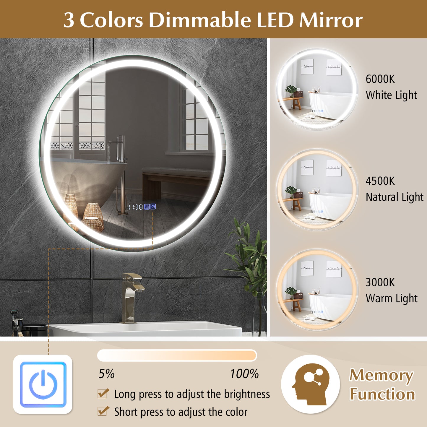 24 Inch LED Bathroom Mirror with Anti-Fog, 3 Color Lighting & Temperature Display