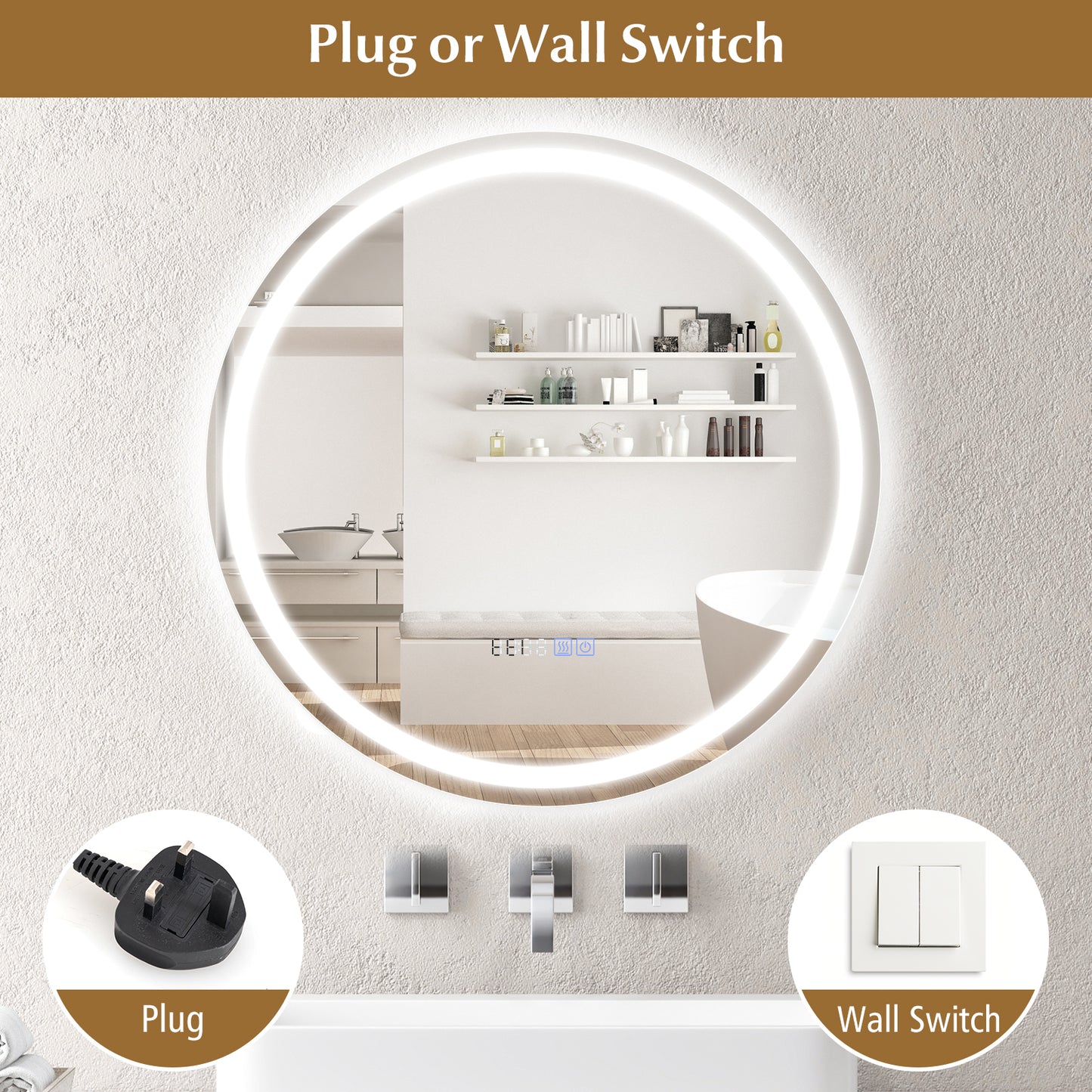 24 Inch LED Bathroom Mirror with Anti-Fog, 3 Color Lighting & Temperature Display