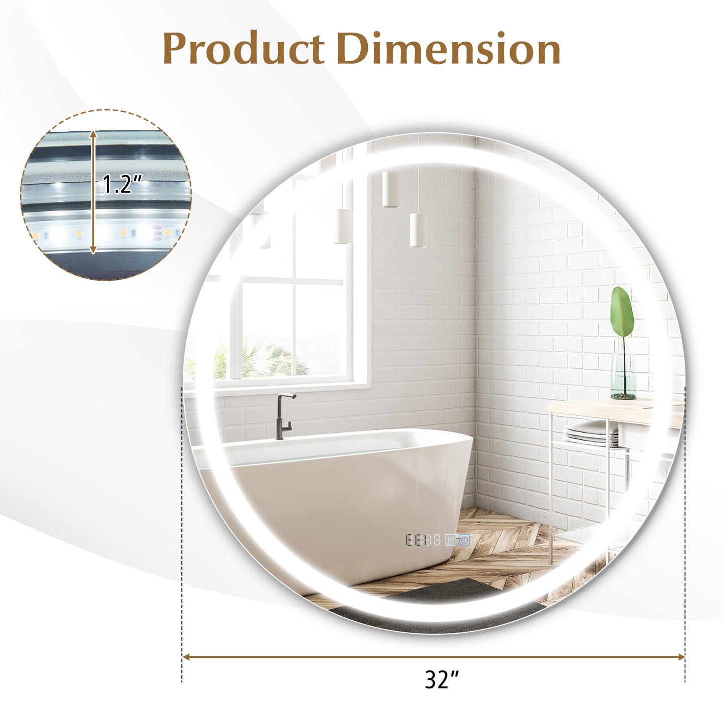32 Inch LED Bathroom Mirror with Anti-Fog, 3 Color Lighting & Temperature Display