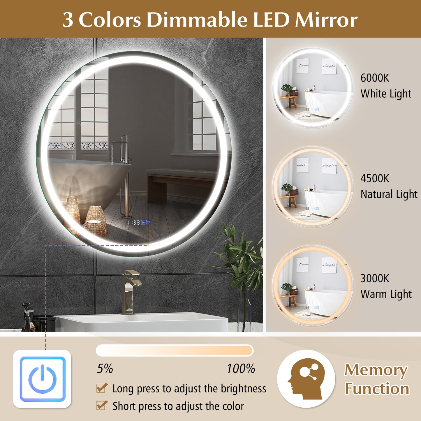 32 Inch LED Bathroom Mirror with Anti-Fog, 3 Color Lighting & Temperature Display