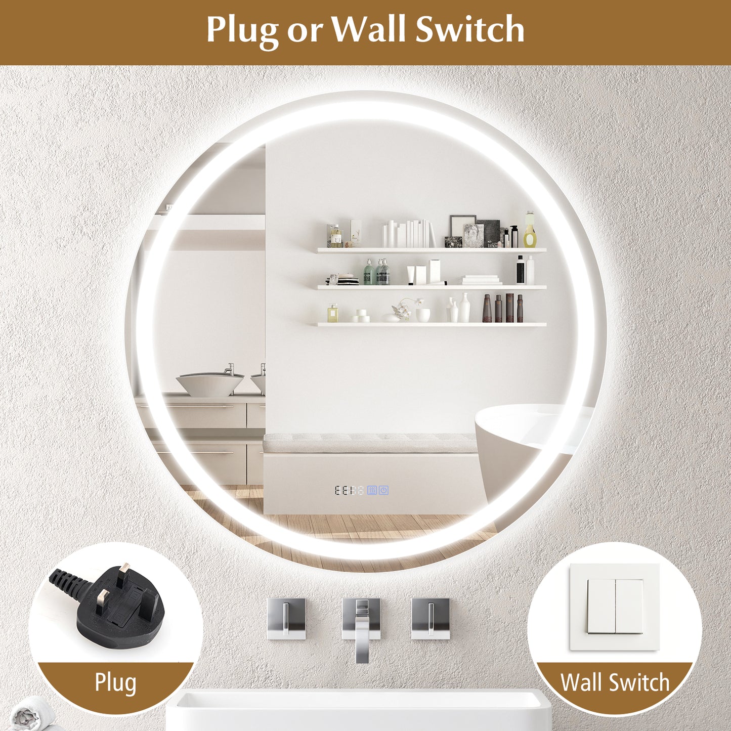 32 Inch LED Bathroom Mirror with Anti-Fog, 3 Color Lighting & Temperature Display
